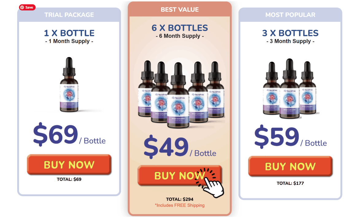 NeuroPrime pricing options table showing 1 bottle trial for $69, 6 bottles best value for $49 each with free shipping, and 3 bottles most popular for $59 each.