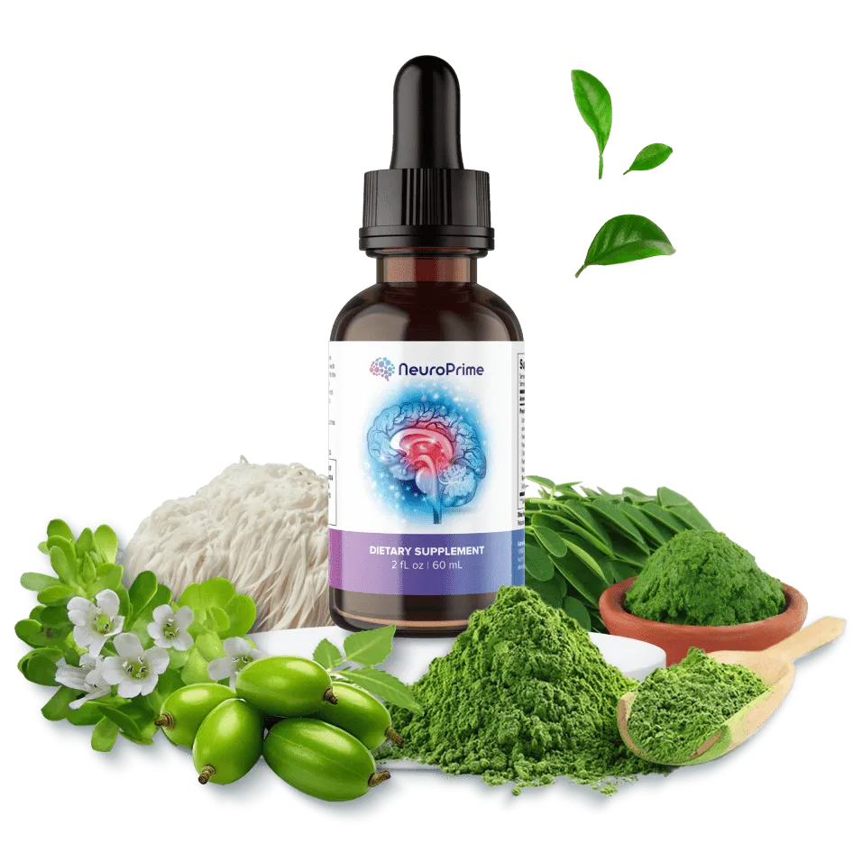 NeuroPrime supplement liquid dropper bottle surrounded by raw Lion's Mane and Bacopa nootropics.