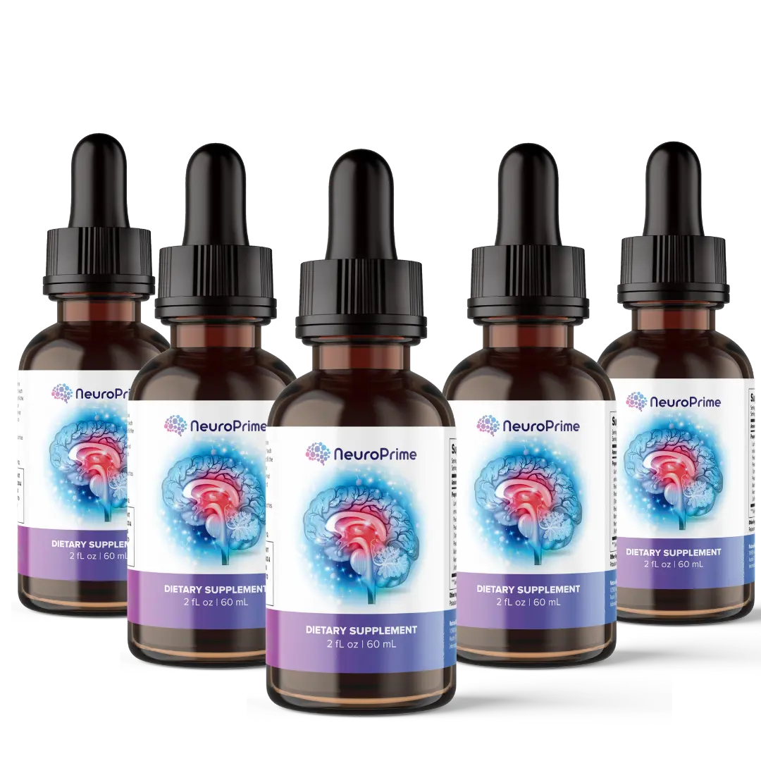 Six amber dropper bottles of NeuroPrime cognitive supplement grouped as a bulk order package savings option.